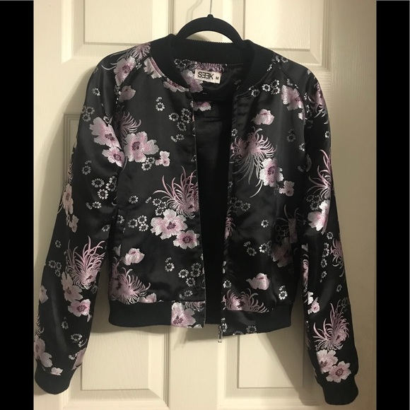 LF Jackets & Blazers - LF Seek Cherry Blossom Satin Bomber Jacket (S/M)